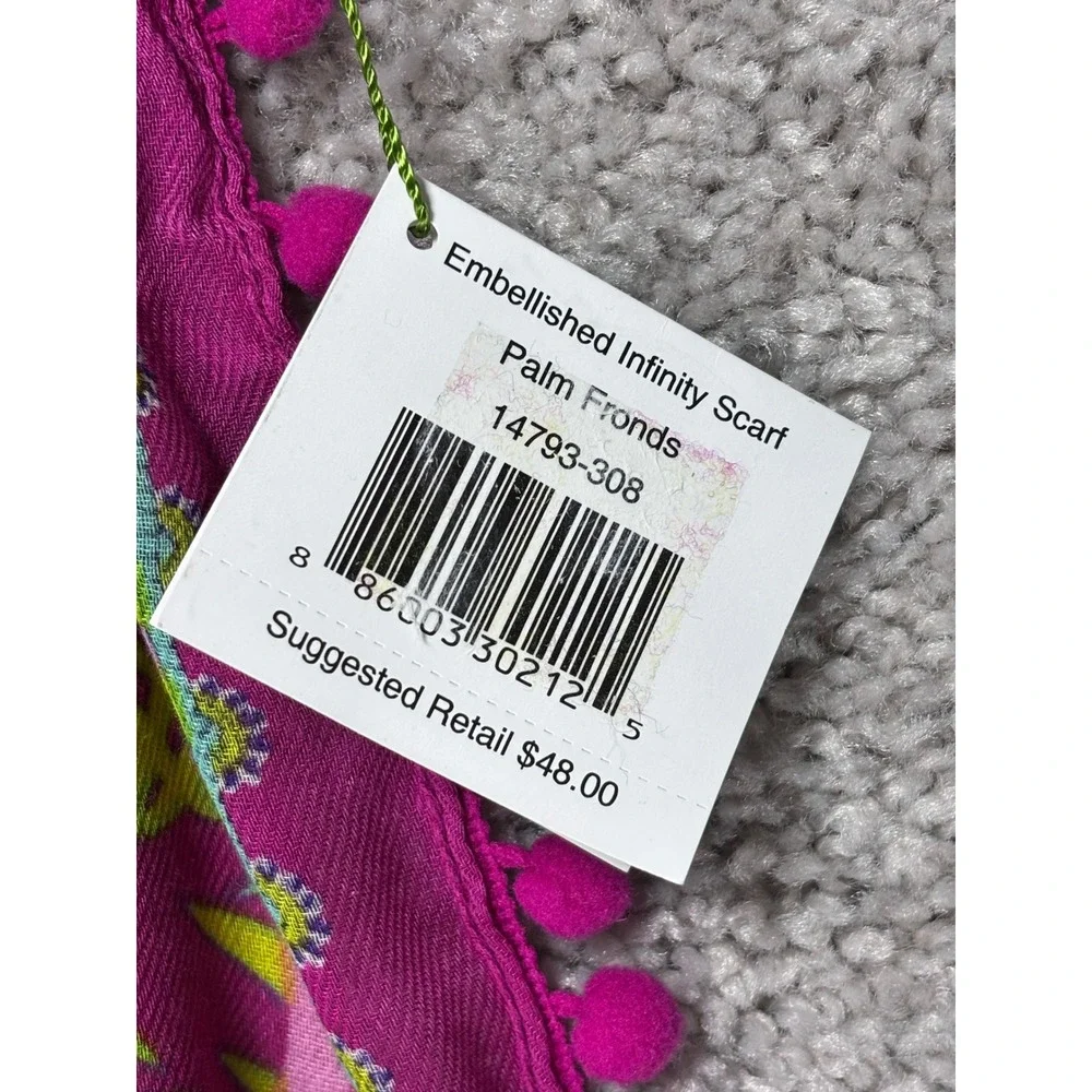 Vera Bradley‎ Palm Fronds Embellished Infinity Scarf Pink Lime Green Pom Pom NWT